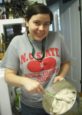 Sarah whips up the almond meringue into stiff peaks.