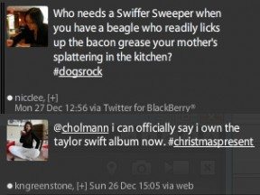 Hashtags can also give the mood of a status update without being in the actual sentence. In the first example, we see the dog owner thinks the bacon grease licking is funny with her #dogsrock tag. Hashtags can add to the mood of a status by being a sort of fun aside.