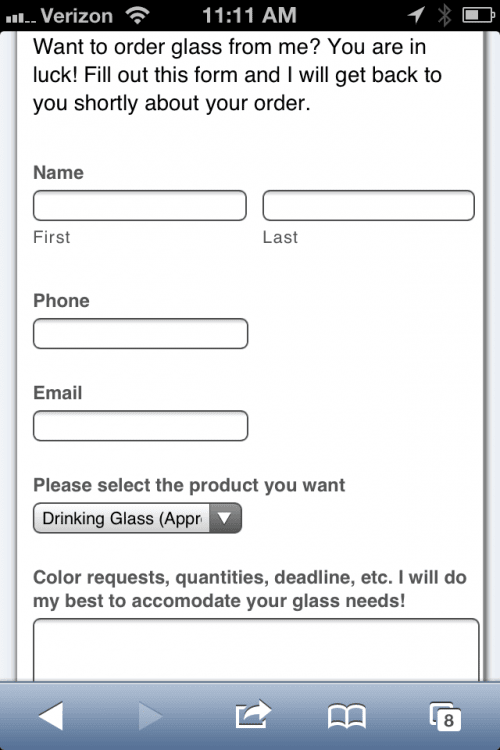 Derrick's simple glass order form. You can fill it in on your phone and he'll make you glass. Bam.