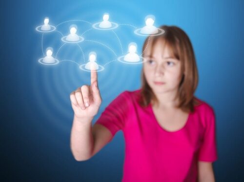 Girl pointing on touch screen a social network member